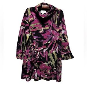 Joseph Ribkoff Abstract Tunic Sweater Size 12 Lagenlook Cowl Neck Pocket Top EUC